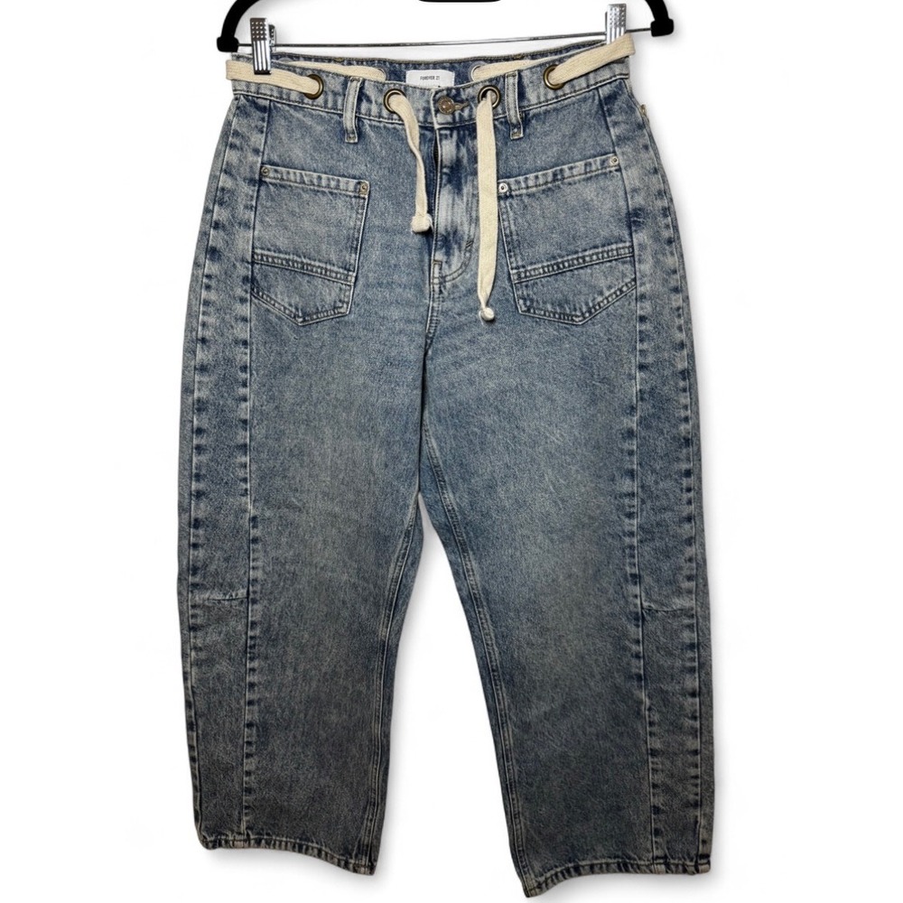 Forever 21 Barrel Fit Acid Wash Drawstring Carpenter Jeans Blue Size 28